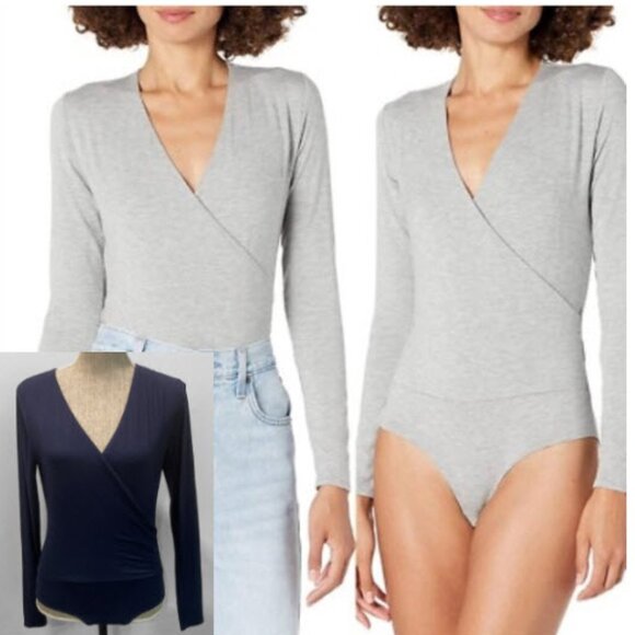 J.Crew Navy Blue Long Sleeve Wrap Bodysuit Women’s Size M Stretch Knit Top - Picture 1 of 16